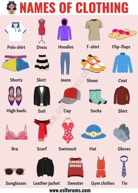 Types of Clothing: Useful List of Clothing Names with the Picture - ESL Forums Clothes Names, Clothes Images, English Clothes, Style Web, Dress Name, What Is Fashion, Dress Sketches, Learn English Vocabulary, English Vocabulary Words Learning