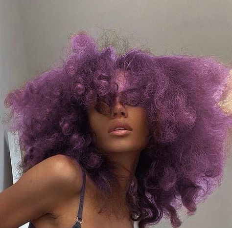 Purple Afro Hair Black Women, Natural Hair Styles Color, Purple Afro Hair, Curly Purple Hair Black Women, Black Woman Purple Hair, Lilac Hair Black Women, Lavender Afro, Lilac Curly Hair, Black Woman With Purple Hair