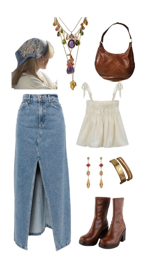 summer outfit inspo, jean skirt, aesthetic, bandana outfit, summer outfit, colorful jewelry Jean Skirt Aesthetic, Bandana Outfit Summer, Aesthetic Bandana, Boho Aesthetic Outfit, Bandana Outfit, Skirt Aesthetic, Summer Outfit Inspo, Looks Street Style, Colorful Jewelry