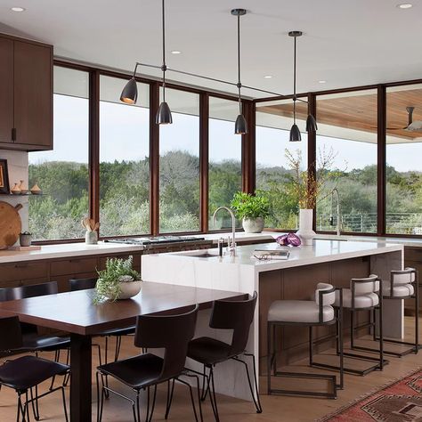 Kitchen Island With Table Attached, Oak Kitchens, Contemporary Family Room, Kitchen Island Table, White Backsplash, Austin Homes, Kitchen Views, Windows Doors, Custom Home Builders