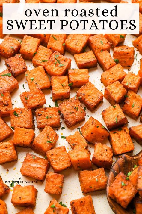 These savory roasted sweet potatoes are easy to make with 6 ingredients in 40 minutes! Oven roasted sweet potatoes are a simple & healthy side dish everyone loves! What To Season Sweet Potatoes With, Sweet Potatoes Oven Roasted, Seasoned Roasted Sweet Potatoes, Healthy Roasted Sweet Potato Recipes, Roasted Sweet Potatoes Oven Healthy, How Long To Cook A Sweet Potato In Oven, Sheet Pan Roasted Sweet Potatoes, What To Put On Sweet Potatoes, Sweet Potato Oven Roasted