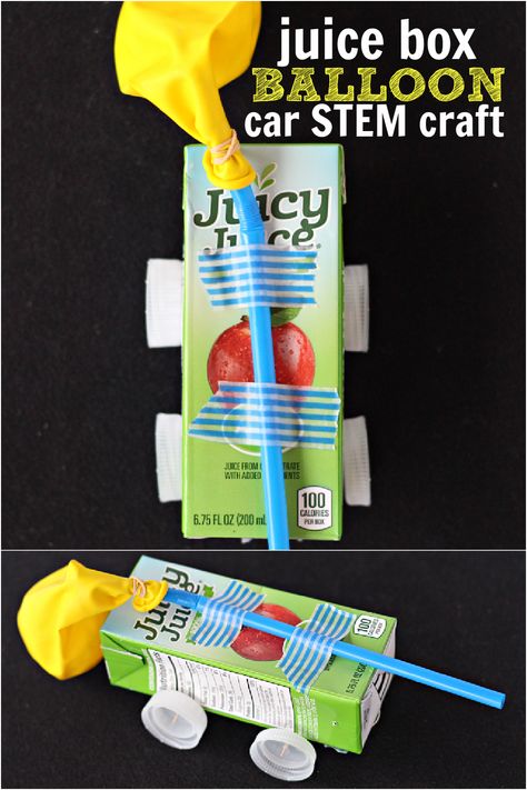 Two pictures of cars crafted out of upcycled juice boxes for a juice box balloon car craft. Balloons and straws taped to the top of the boxes. How To Make A Car Out Of Recycled Items, Make A Car Out Of Recycled Material, Rubberband Car Science Projects, Toys Made Out Of Recycled Items, Car Crafts For Preschoolers, Balloon Cars Project Science, Diy Toys For Preschoolers, Self Propelled Car Project, Balloon Powered Car Diy