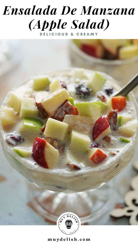 There’s a reason why this Ensalada De Manzana is made during the holiday season. It’s a symphony of crisp apples, crunchy pecans, pineapple, and sweet raisins tossed in a creamy dressing that adds the perfect refreshing touch. Apple Salad Dessert, Green Apples Dessert, Apples Salad, Dried Raisins, Apple Salad Recipes, Creamy Dressing, Pie Crusts, Mexican Dessert, Crunchy Pecans