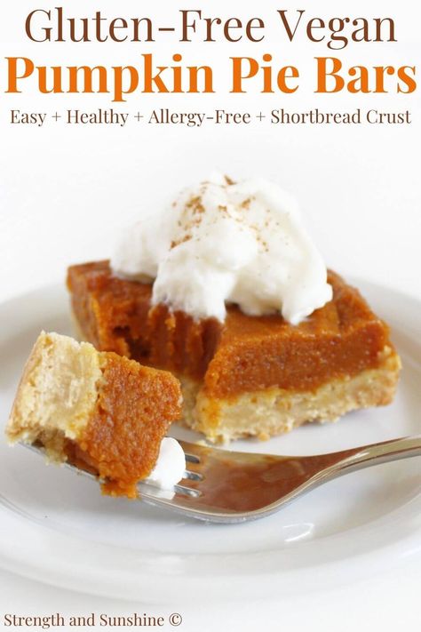 Gluten-Free Pumpkin Pie Bars (Vegan, Allergy-Free) | Strength and Sunshine | These easy Gluten-Free Pumpkin Pie Bars are made with a simple flaky shortbread crust and topped with a sweet, spiced, creamy pumpkin filling. Vegan, and allergy-free, this homemade pumpkin pie bar recipe is healthier and quicker than a traditional from scratch pumpkin pie. Make-ahead and freezer-friendly they're a perfect seasonal holiday dessert for a crowd! Gf Pumpkin Pie Bars, Gf Vegan Pumpkin Pie, Pumpkin Pie Bars Gluten Free, Dairy Free Pumpkin Pie Dip, Dairy Free Pumpkin Pie Bars, Gluten Free Sugar Free Pumpkin Pie, Gluten Free Pumpkin Squares, Gluten And Dairy Free Pumpkin Desserts, Low Fat Pumpkin Pie