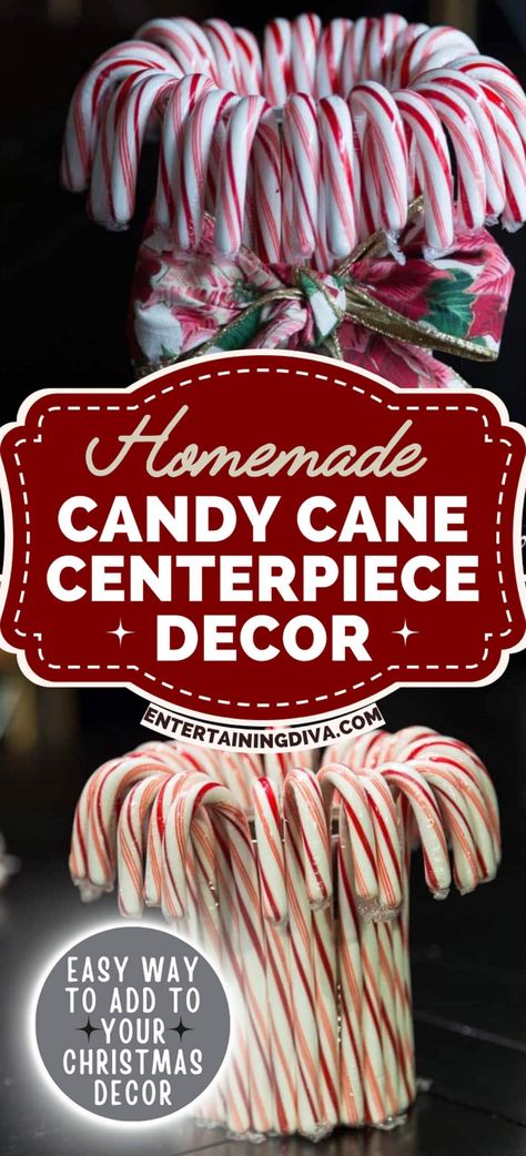 I love this DIY red and white Christmas centerpiece made from candy canes. It's so cheap and easy to make. You won't believe what else this Christmas vase is made out of! Christmas Centerpiece Diy, Diy Candy Cane, Halloween Haunted House Decorations, Easy Candy, Mason Jar Candle Holders, Christmas Vases, Christmas Table Decor, Jar Candle Holder, How To Tie Ribbon