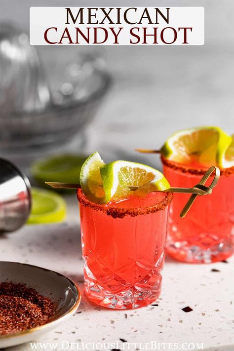 A Mexican Candy Shot is a sweet and spicy shooter made with watermelon, lime and chili flavors. It's fun and tasty and sure to help liven up the party! Mexican Candy Jello Shots, Mexican Jello Shots With Tajin, Mexican Candy Shots, Spicy Tequila Shots, Birthday Shooters Alcohol, Mexican Candy Shot Recipes, Tex Mex Cocktails, Watermelon Shots, Candy Shots