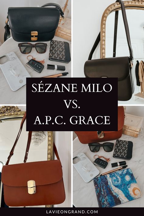 Black leather bag on a marble table and hanging on a gold mirror. Brown leather bag on a marble table and hanging on a gold mirror. A.p.c Grace Bag, Sezane Milo Classic Bag, Timeless Crossbody Bag, Milo Bag Sezane, Sezane Bag Outfit, Apc Geneve Bag Outfit, A.p.c Bag Outfit, Apc Grace Bag Outfit, Sezane Milo Bag