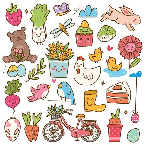 Spring Doodles, Nature Doodles, Doodles Kawaii, Kawaii Doodle, Spring Drawing, Watercolor Paper Texture, Neon Backgrounds, Kawaii Illustration, Drawing Simple