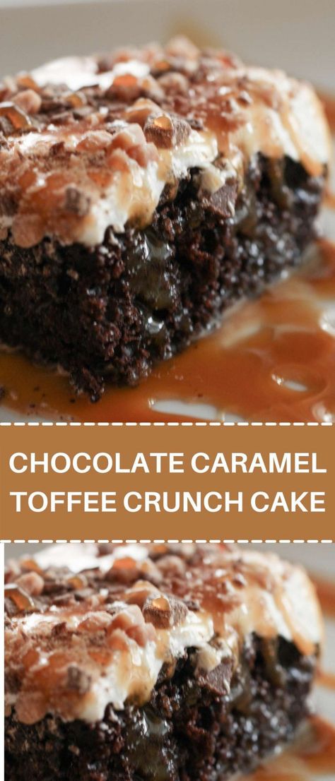 CHOCOLATE CARAMEL TOFFEE CRUNCH CAKE Chocolate Caramel Toffee Crunch Cake, Toffee Crunch Cake, Toffee Crunch, Toffee Cake, Cake Mix Ingredients, Caramel Toffee, Caramel Desserts, Crunch Cake, Oreo Pops