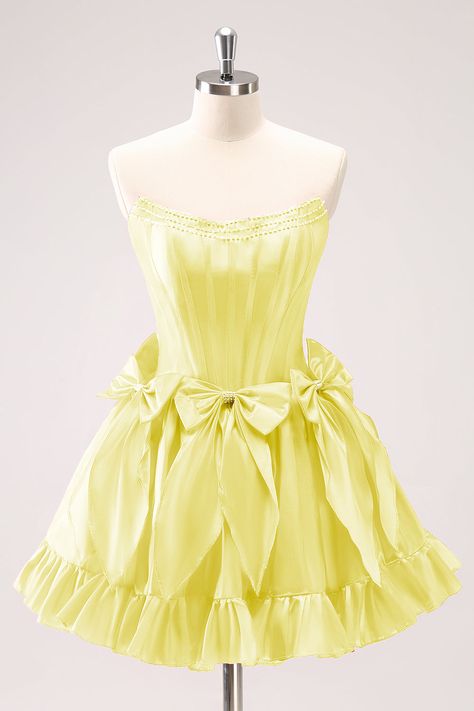 Hot Prom Dresses Short, Yellow Hoco Dress, Surprise Dance Outfits, Hoco Court, Yellow Corset, Ruffle Cocktail Dress, Floral Homecoming Dresses, Poofy Dress, Hot Prom Dress