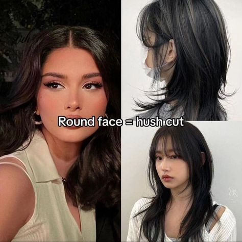 haircut, face shapes, oval face, round face, diamond face, heart face, square face, wispy bangs, wolf cut, long layers, hush cut, long hair, hair for every face shape Hairstyle For Circle Face Shape, Haircut Inspo For Oval Face, Kpop Idol With Round Face, For Round Faces Hairstyles, Bangs Based On Face Shape, Almond Face Shape, Hush Bangs, Side Bangs For Square Face, Wolfcut For Square Face