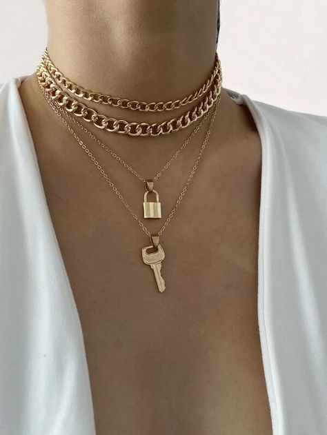 Lock Charm Necklace, Key Charm Necklace, Key Pendant Necklace, Heart Chain, Gold Necklace Set, Classy Jewelry, Key Necklace, Lock And Key, Chain Necklaces