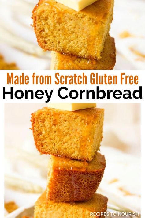 Two photos, one of a slice of cornbread topped with a slice of butter and drizzled with honey stacked on top of another slice of cornbread and a second photo 3 large slices of thick cornbread, stacked on top of each other with a thick slice of butter on the top and honey drizzled over them, sitting on top of a plate with cornbread crumbs and a kitchen towel sitting around it with text that says Made from Scratch Gluten Free Honey Cornbread. Fall Recipes Healthy Dinner, Healthy Dinner Recipes Gluten Free, Gluten Free Honey Cornbread, Recipes Thanksgiving Side Dishes, Dairy Free Cornbread Recipe, Thanksgiving Sides Dishes, Cornbread Gluten Free, Gluten Free Cornbread Muffins, Chili Side Dishes