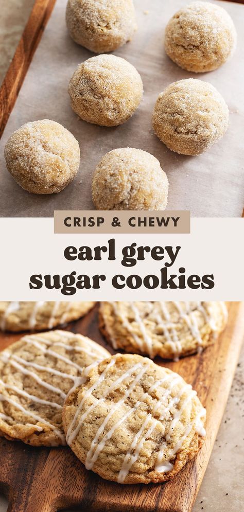 These earl grey sugar cookies are crisp on the outside and chewy in the middle. They're full of earl grey tea flavour and topped with a lemon glaze! #earlgrey #cookies #sugarcookies | teakandthyme.com Earl Grey Blueberry Cookies, Earl Gray Recipes, Cookies Made With Tea, Less Sweet Cookies, Vegan Earl Grey Cookies, Early Grey Cookies, Earl Grey Sugar Cookies, Earl Grey Baking, Tea Infused Cookies