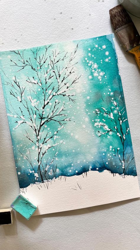 Winter Watercolor Paintings Landscapes, Snow Watercolor Paintings, Winter Wonderland Watercolor, Watercolour Winter Scenes, Snow Art Drawing, Winter Watercolor Landscape, Winter Watercolor Tutorials, Winter Watercolor Paintings Easy, How To Paint Snow