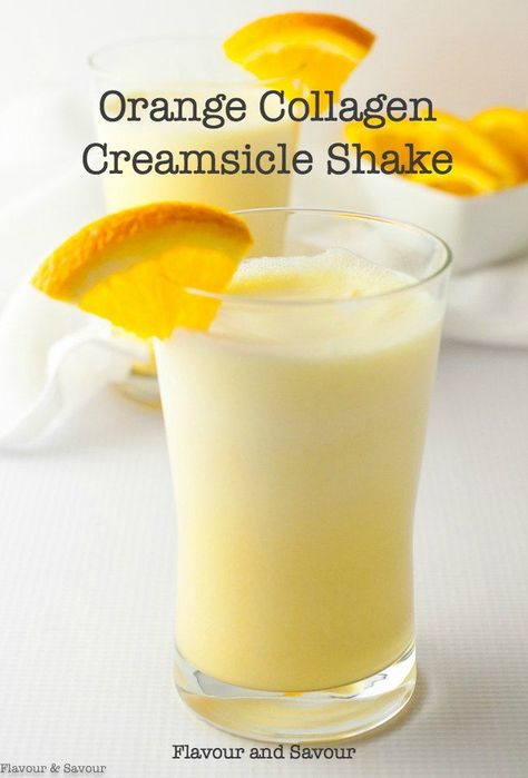 Here's a simple recipe for Orange Collagen Creamsicle Shake. It's a delicious, healthy drink made with orange juice, cream and collagen. It tastes like an Orange Creamsicle! Adding supplemental collagen to your diet may improve the health of your skin, nails, teeth, joints, and digestive system. #collagen #orange #creamsicle #smoothie #shake #flavourandsavour Orange Creamsicle Smoothie, Green Drink Recipes, Creamsicle Smoothie, Collagen Smoothie, Collagen Recipes, Smoothies Healthy, Collagen Drink, Summer Smoothies, Smoothie Prep