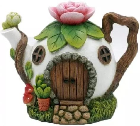 Solar Fairy House, Teapot House, Flower Teapot, Fairy Garden House, Small Solar Panels, Earth Fairy, Real Fairies, Enchanted Fairy, Unique Tea