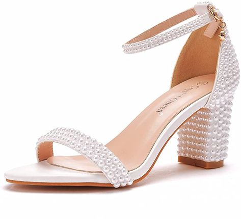 Pearl Wedding Shoes, Evening Dress Shoes, Summer High Heels, Pearl Sandals, Lace Sandals, Chunky Heel Pumps, Bridal Sandals, Womens Chunky Heels, Pearl Bridal