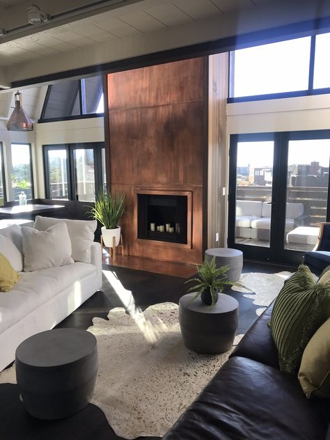 Copper Fireplace, Mid Century Modern Fireplace, Fireplace Modern Design, River Bar, Floating Fireplace, Mid Century Flooring, Metal Fireplace, Wall Fires, Black Fireplace