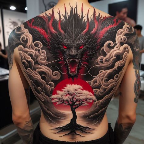 Japanese Demon Back Tattoo, Full Back Dragon Tattoo, Dragon Back Piece, Back Dragon Tattoo, Chest Tattoo Japanese, Dragon Tattoo Full Back, Back Piece Tattoo Men, Dragon Back Tattoo, Cool Dragon Pictures