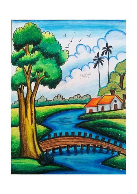 Sinari Drawing Easy, Easy Nature Scenery Drawing, Easy Drawings For Beginners With Color, A Scenery Drawing, Natural Seen Drawing With Colour, Easy Drawing Of Nature, Natural Senary Drawing, Easy Landscape Drawing Oil Pastel, Senary Painting Art Simple