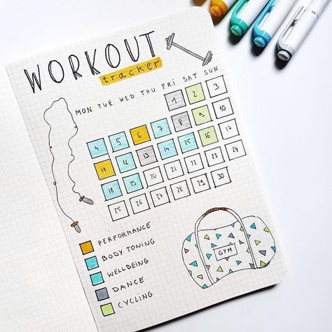 Keep track of your fitness goals with these workout tracker for your Bujo #anjahome #workouttracker #BuJo #bulletjournal Bullet Journal Page, Penanda Buku, Bullet Journal Spreads, Tracker Fitness, Bullet Journal How To Start A, Bullet Journal Tracker, Self Care Bullet Journal, Bullet Journal Notebook, Dot Journals