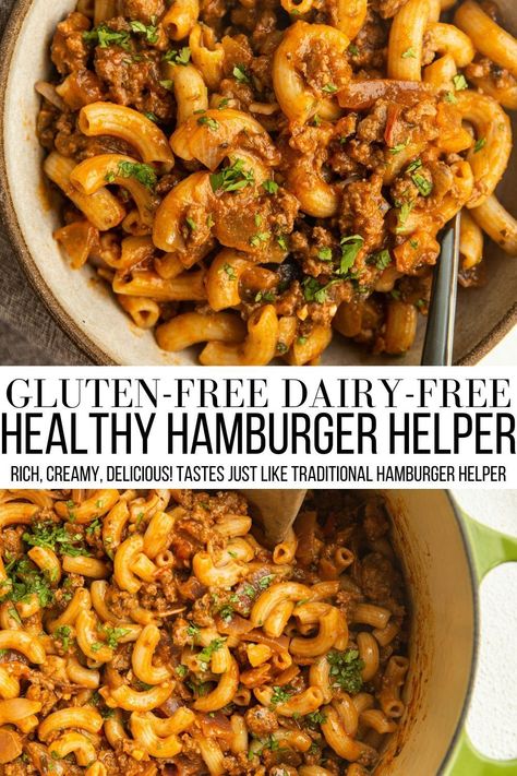 Gluten-Free Dairy-Free Hamburger Helper - a delicious take on the classic Hamburger Helper, but made gluten-free and dairy-free! Rich, flavorful, and delicious! #pasta #hamburger #groundbeef #dinner Gluten Free Dairy Free Recipes Dinner, Classic Hamburger, Gluten Free Dairy Free Dinner, Healthy Hamburger, Gf Dinner, Dairy Free Recipes Dinner, Dairy Free Pasta, Dairy Free Dinner, Avocado Dip