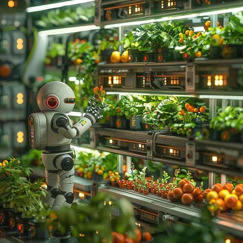 🌿🚀 The future of agriculture with AI! 🌿 In 2024, artificial intelligence (AI) is revolutionizing agriculture, especially in regions like the UAE where climatic constraints push farmers to adopt modern technologies. AI is transforming the way we grow and manage crops by: 1️⃣ Analyzing growth conditions (temperature, humidity, CO2 levels, lighting). 2️⃣ Managing irrigation, nutrient delivery, and lighting for optimal efficiency and yield. 3️⃣ Forecasting crop yields to improve harvest planni... Future Food Technology, Eco Punk, Agricultural Revolution, Bio Technology, Smart Farm, Farming Technology, Sci Fi Landscape, Eco City, Crop Production