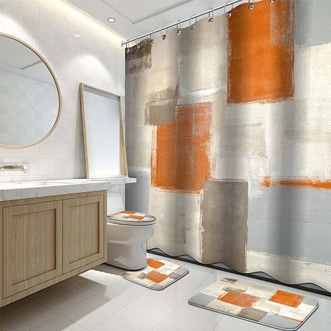 Bathroom Dressing Table, Orange Bathroom Decor, Orange Shower Curtain, Watercolor Shower Curtain, Bathroom Shower Curtain Sets, Waffle Weave Shower Curtain, Fall Bathroom, Cheap Shower Curtains, Geometric Shower Curtain