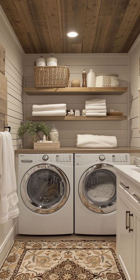 Laundry Room Ideas With Bathroom, Inside Home Ideas, Laundry Room With Washer And Dryer On Opposite Walls, Easy Home Remodel, House Interior Laundry Room, House Design Laundry Room, Home Decor Ideas For Small Homes, Laundry Diy Renovations, Laundry Room Side By Side Washer Dryer