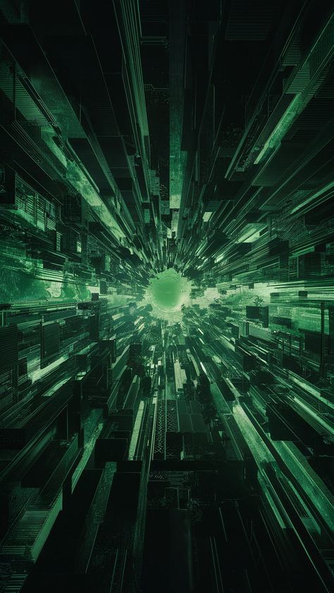 Dive into a mesmerizing digital landscape with our Matrix wallpaper. This vibrant fusion of flowing green and black patterns, inspired by Art Deco and abstract expressionism, features intricate geometric shapes and luminous circuits. Experience depth and infinity in a virtual universe, enhanced by glitch art elements. Perfect for tech enthusiasts and digital art lovers! #MatrixWallpaper #DigitalArt #CyberWorld #AbstractExpressionism Circuit Wallpaper, Green Cyberpunk, Matrix Wallpaper, Cyberpunk Wallpaper, Sci Fi Wallpaper, Glitch In The Matrix, Ios Ideas, Glitch Wallpaper, Art Elements