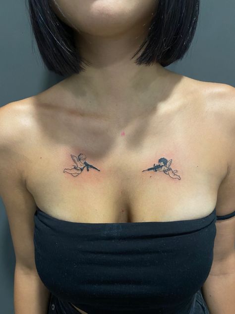 Angel Tattoo On Collarbone, Angel Collarbone Tattoo, Small Tattoos To Cover Other Tattoos, Evil And Angel Tattoo, Angel Chest Tattoo Female, Double Collar Bone Tattoo, Angel And Devil Tattoo On Shoulder, Angel Devil Shoulder Tattoo, Angel And Devil Shoulder Tattoo