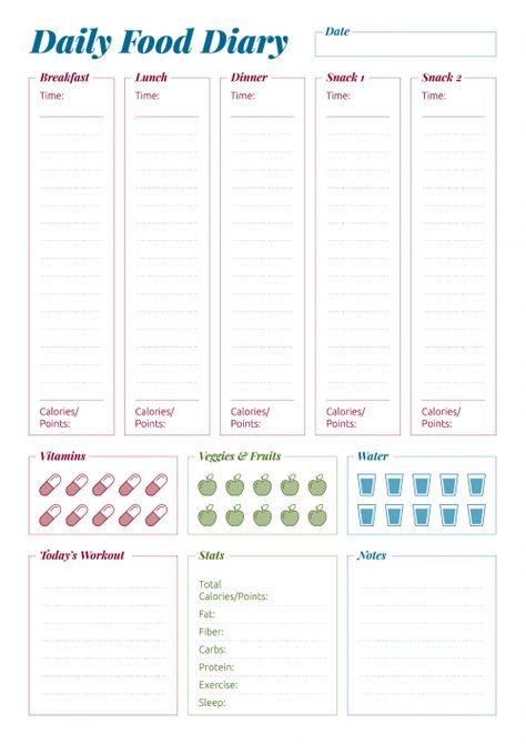 Download Printable Complex daily food diary PDF Daily Food Diary Printable Free, Daily Food Journal Printable Free, Food Tracker Printable Free, Food Diary Bullet Journal, Daily Food Log Printable Free, Food Tracking Journal, Food Journal Printable Free, Food Log Template, Food Diary Ideas