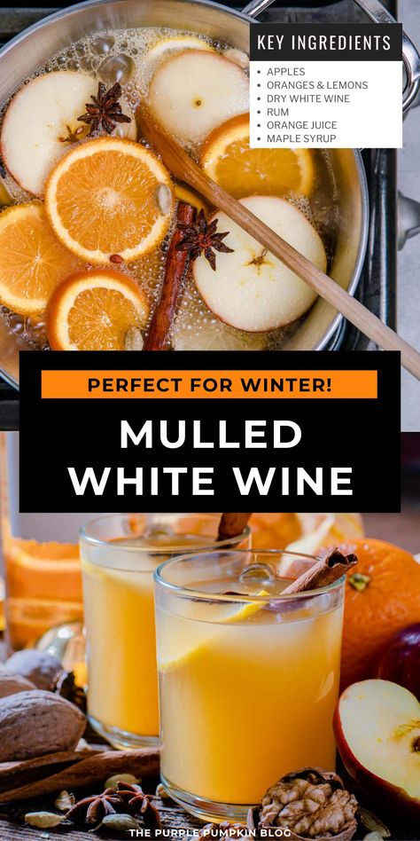 Mulled wine is a classic winter drink. It's warm, comforting, and perfect for sipping by the fire. But if you don't like red wine, this Mulled White Wine Recipe is what you need. And a touch of rum gives it a little extra flavor! So if you're looking for something to help you get through the cold weather, give this mulled wine recipe a try! Mulled White Wine Recipe, Mulling Spice Recipes, Crockpot Mulled Wine, Hot Wine Recipe, Yule Drinks, Spiced Wine Recipe, Boozy Punch, Mulled White Wine, Winter Punch