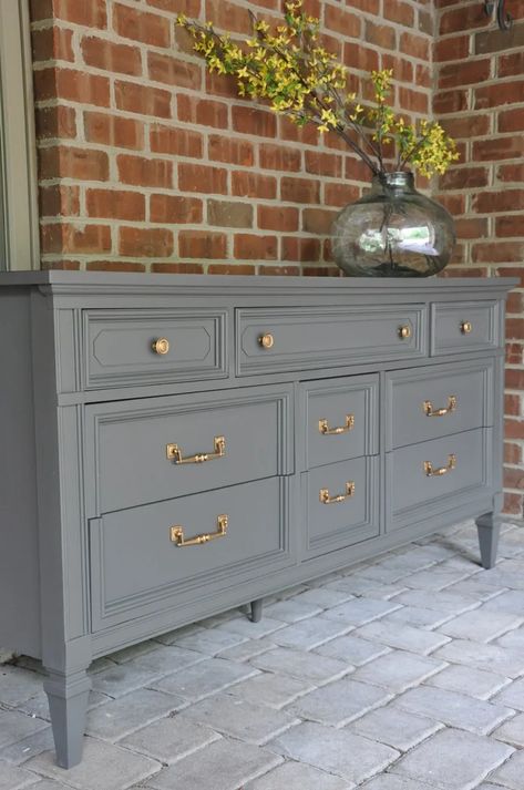 Thrifty Dresser Makeover - Evolution of Style Update Wood Dresser, Grey Chalkpaint Dresser, Bedroom Dresser Colors, Grey And Gold Furniture, Entry Decor Ideas Entrance, Refurbished Dresser Ideas, Gray Painted Furniture, Gray Dresser, Grey Bedroom Furniture