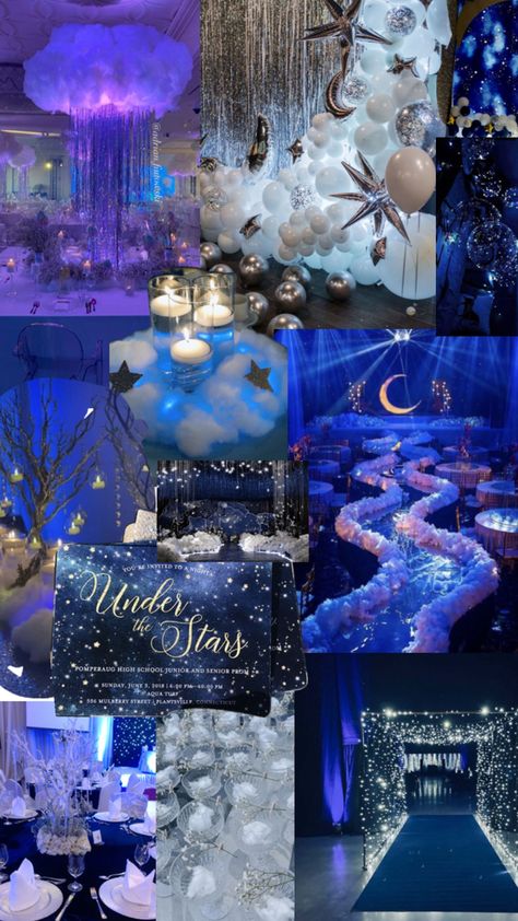 Prom Dance Themes, Prom Activities, Blue Party Themes, 18th Birthday Invites, Starry Night Prom, Celestial Wedding Theme, Galaxy Wedding, Sweet Sixteen Birthday Party Ideas, Starry Night Wedding