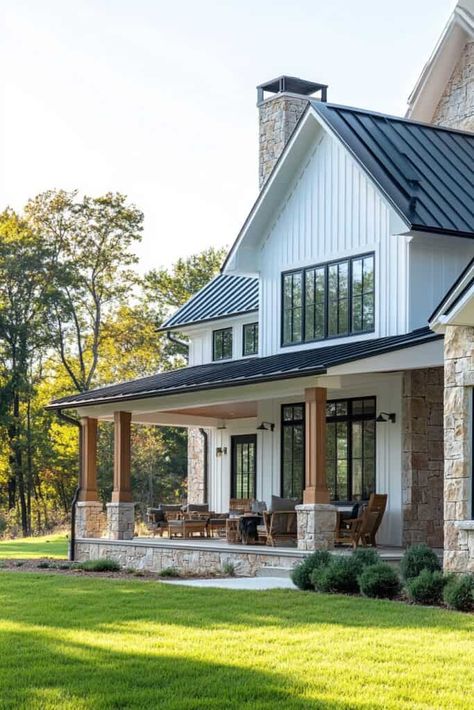 Modern Farmhouse Exterior Modern Farmhouse Exterior Backyard, Farmhouse Front Exterior Design, Modern Gambrel Roof, Unique Farmhouse Exterior, Navy Farmhouse Exterior, Rock And Siding House Exterior, White Farmhouse Black Trim, Farmhouse Modern Exterior, Modern French Country Home Exterior