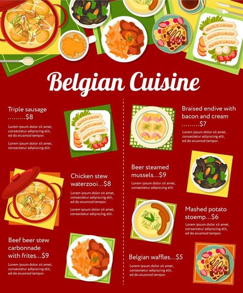 Belgian cuisine menu, food dishes and lunch meals Beef Stew With Beer, Beer Stew, Lunch Dishes, Belgian Cuisine, Lunch Meals, Menu Food, Steamed Chicken, Coffee Cocktails, Chicken Stew