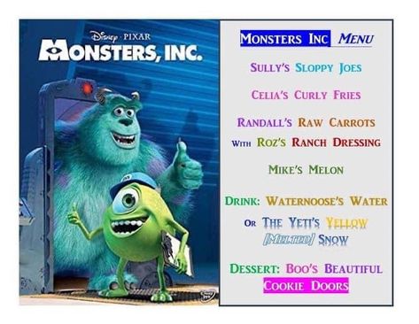 Disney Movie Themed Dinner, Monsters Inc Movie, Family Movie Night Themes, Disney Movie Night Menu, Monsters At Work, Disney Themed Movie Night, Disney Movie Night Food, Pixar Studios, Disney Themed Food