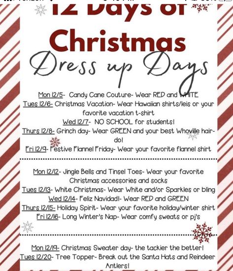 12 Days Of Christmas Games For Work, December Spirit Days, 12 Days Of Christmas School Dress Up, Work Theme Days Dress Up Christmas, Christmas Spirt Weeks, 12 Days Of Christmas Spirit Days, 25 Days Of Christmas Ideas For Work, 12 Days Of Christmas Office Activities, Christmas Themed Spirit Week