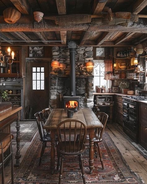 Very Nice 😍 | Instagram Cabin Style Kitchen, Cozy Cabin Kitchen, Kitchen With Fireplace, Ornate Chairs, Log Cabin Interior, Cabin Aesthetic, Kitchen Makeovers, Lakeside Cabin, Rustic Kitchen Design