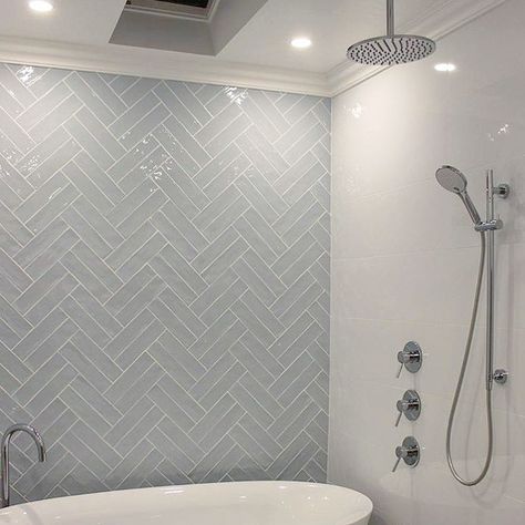 Playing with patterns can infinitely increase the impact of your feature walls. Check out how @anthonymaloneconstructions laid our Crayon… Bathroom Design Scandinavian, Herringbone Feature Wall, Herringbone Tile Bathroom, Double Herringbone, Bathroom Feature Wall, Patterned Bathroom Tiles, Herringbone Tile, Upstairs Bathrooms, Bathroom Wallpaper