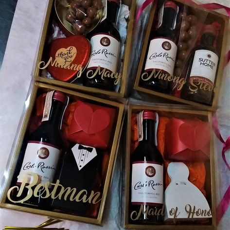 Mini Wine and Chocolate gift sets for your entourage, principal sponsors, VIPs and special guests. Principal Sponsor Gifts Wedding Favors, Wedding Souvenirs For Guests Useful Diy, Wedding Gifts For Sponsors, Wine Giveaways Wedding Favors, Souvenirs For Wedding Sponsors, Wine Souvenirs For Wedding, Principal Sponsor Gift Ideas, Wedding Giveaways For Principal Sponsors, Entourage Gift Ideas