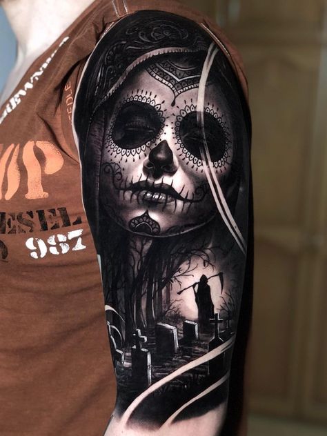 “Hernan Yepes > Day of the Dead #tattoo #ink #art” Realistic Cover Up Tattoo, Mens Skull Sleeve Tattoo, Dark Cover Tattoo, Black Star Tattoo Cover Up, Day Of The Dead Tattoo Men, Day Of The Dead Sleeve Tattoo, Mexican Theme Tattoos, Cover Up Designs Tattoo, Dark Tattoo Cover Up Ideas For Men