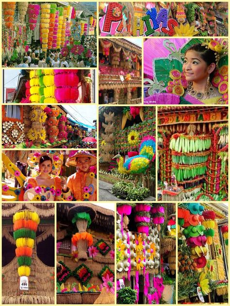 The PAHIYAS FESTIVAL is celebrated every year on May 15 in Lucban, Quezon. It is in honor of St. Isidore the Farmer, the patron saint of harvest. Pahiyas festival showcases a street of houses adorned with fruits, vegetables, agricultural products, handicrafts & kiping, a decoration made from rice flour, w/c afterwards can be grilled or fried for eating. The houses compete to be declared the best decorated. There is also a procession for the saint that concludes at the town's beautiful church. Pahiyas Festival Decorations, Filipino Festival Decorations, Pahiyas Festival, Philippines Tradition, Pintados Festival Philippines, Festival Props Philippines, Flores De Mayo Festival Philippines, Bahay Kubo, Festival Aesthetic