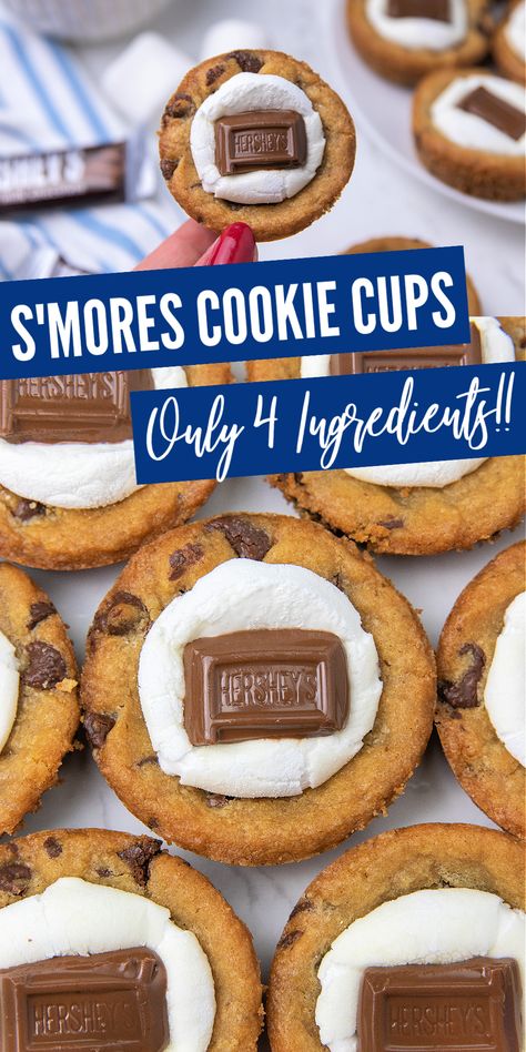 S'mores lovers! You NEED to try these 4-ingredient s'mores cookie cups! They are so easy to make and absolutely one of my favorite sweet treats. Gooey Smores Cookie Muffins, Smores Cookies With Graham Crackers, S’more Cookie Cups, Summer Camping Desserts, Easy S’mores Dessert, Easy Camp Desserts, Soccer Party Desserts, S'mores Cups, Desserts To Take Camping