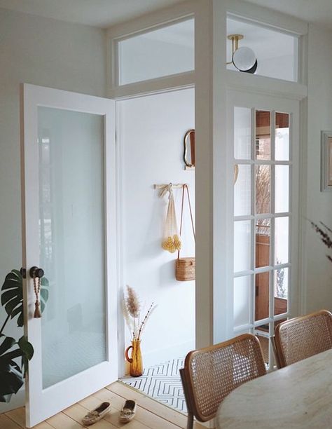 Kitchen Beside Front Door, Tiny Vestibule Ideas, Very Small Hallway Ideas, Dining Room At Entrance Of House, Front Door Living Room Entryway, Vestibule Door, Hallway Window, Open Entryway, Barry Island