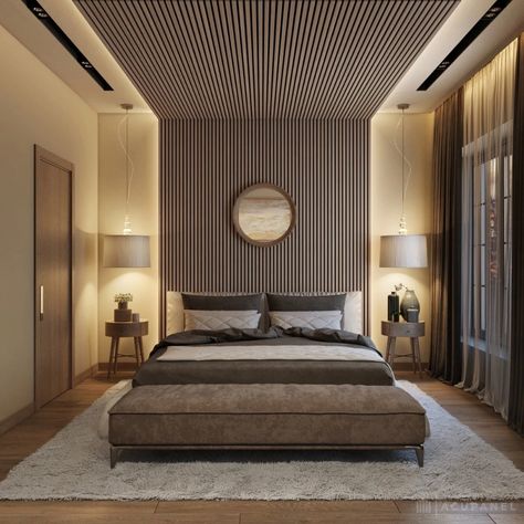 Ceiling panel ideas using wood Pop Ceiling Design, Wood Slat Wall, Wall Panels Bedroom, Wall Panel Design, Acoustic Wall Panels, Bedroom Panel, Bedroom Ceiling, False Ceiling Design, Wood Panel Walls