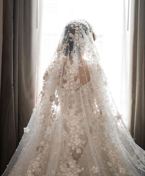 Veil, bridal veil, wedding dress, bridal gown, pearl veil, royal veil, cathedral veil, church veil, lace veil, bridal veil, beaded veil, luxurious wedding, wedding inspiration Detailed Veil Brides, Regal Length Wedding Veil, Ornate Wedding Veil, Wedding Dress With Pearls And Lace, Luxury Wedding Veil, Wedding Veil Sparkly, Wedding Dresses Vale, Royal Wedding Veil, Detailed Wedding Veil