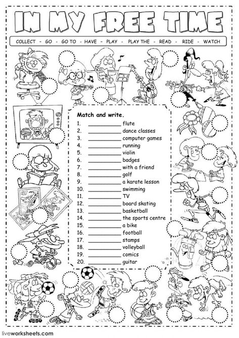 Free time activities interactive and downloadable worksheet. You can do the exercises online or download the worksheet as pdf. Freetime Activities, Free Time Activities, Time Worksheets, My Free Time, English Worksheets For Kids, English Activities, Vocabulary Worksheets, Time Activities, English As A Second Language